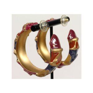 Vtg 1990s Hoops 2" Earrings Enamel Abstract Geo Hippie Boho Batik Nordstrom NOS